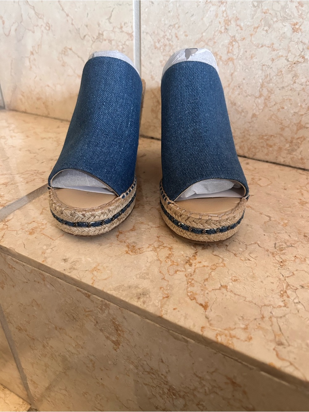 Karl Lagerfeld Denim Espadrille Wedge Mules - Blue